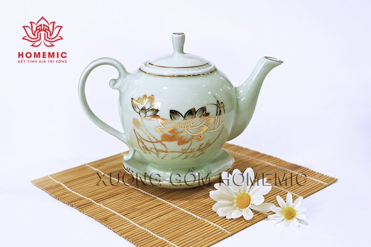 Bộ Trà Camellia Men Trắng Ngọc Sen Vàng
