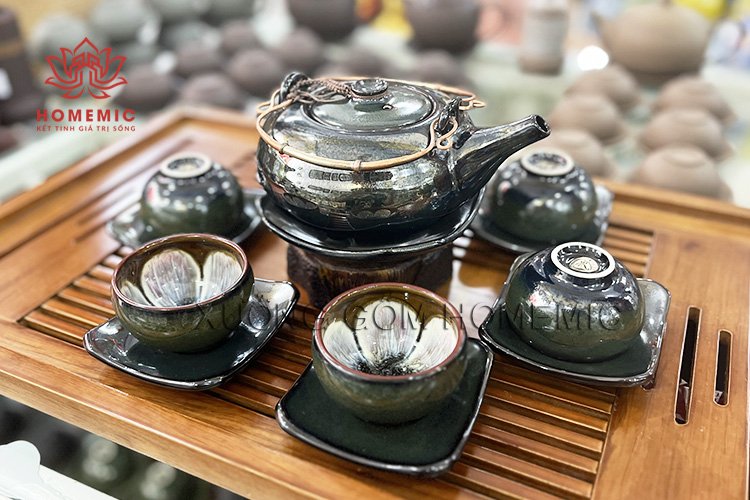 Bộ Trà Giang Tây Xanh Rêu Ghi Hoa - Gốm sứ Bát Tràng
