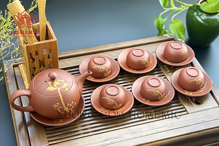 Bộ Trà Hồng Sa Sen Vàng - Gốm sứ Bát Tràng