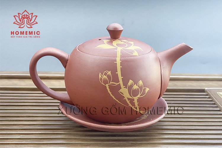 Bộ Trà Hồng Sa Sen Vàng - Gốm sứ Bát Tràng