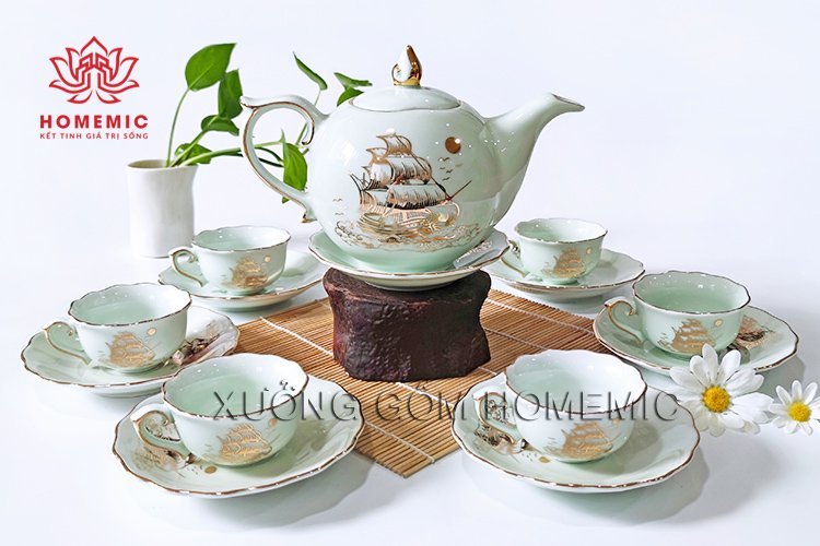 Bộ Trà Mẫu Đơn Men Trắng Ngọc Thuận Buồm