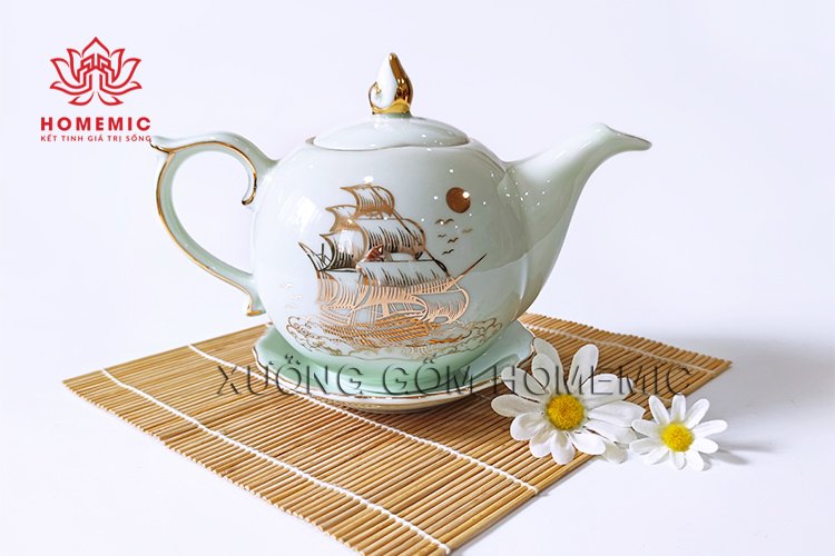 Bộ Trà Mẫu Đơn Men Trắng Ngọc Thuận Buồm