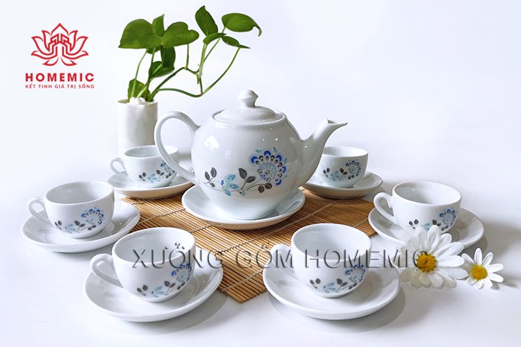 Bộ Trà Dáng Minh Long Hấp Hoa Xanh