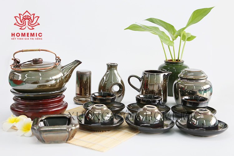 Bộ Trà Quả Hồng Ghi Vàng - Gốm sứ Bát Tràng
