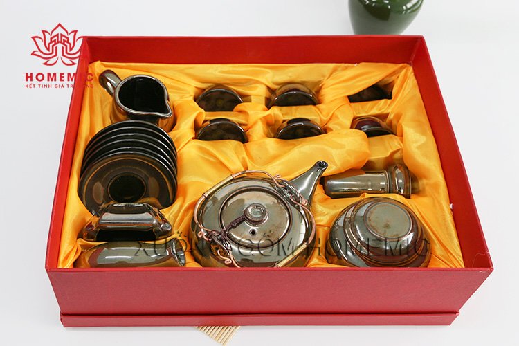 Bộ Trà Quả Hồng Ghi Vàng - Gốm sứ Bát Tràng