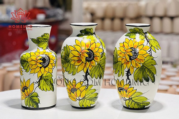 Bộ bình hoa gốm sứ Bát Tràng vẽ hoa Hướng Dương - Lọ hoa decor đẹp