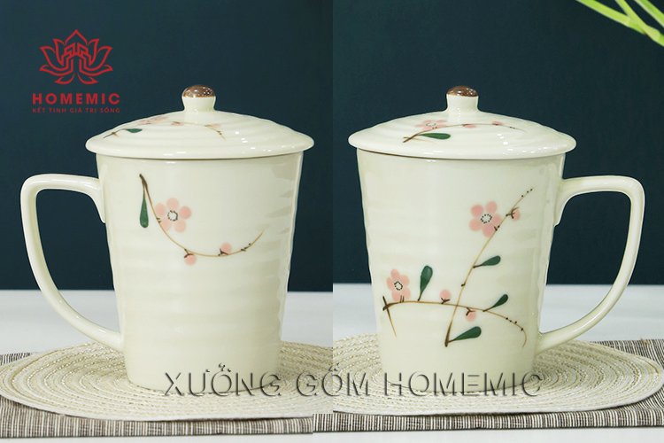 Ly Sứ Vẽ Tay Có Nắp - Ly sứ quà tặng Bát Tràng