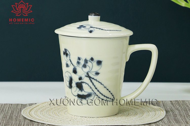 Ly Sứ Vẽ Tay Có Nắp - Ly sứ quà tặng Bát Tràng